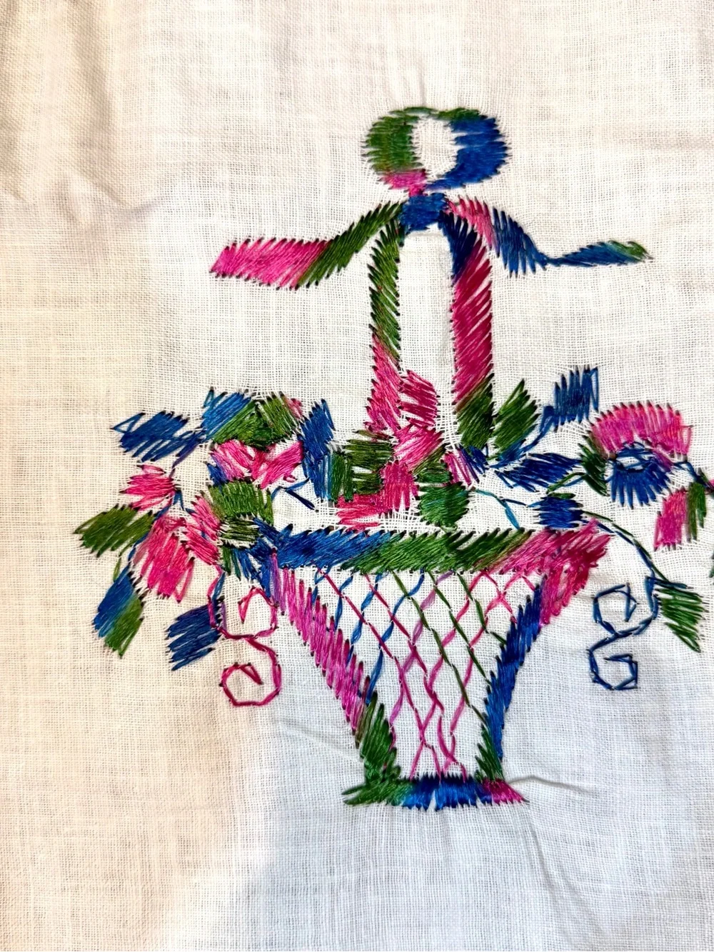 Vintage Wedding Basket Handmade Embroidered Linen Lace Tablecloth 72x77